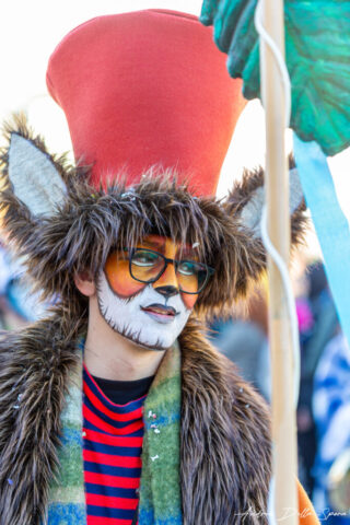 Primo piano di una maschera colorata durante la sfilata del Carnevale di Viareggio