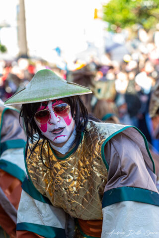 Primo piano di una maschera colorata durante la sfilata del Carnevale di Viareggio