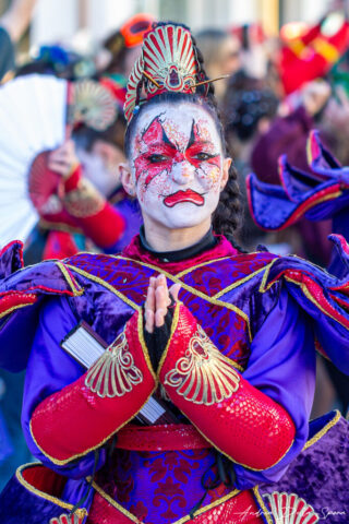 Primo piano di una maschera colorata durante la sfilata del Carnevale di Viareggio